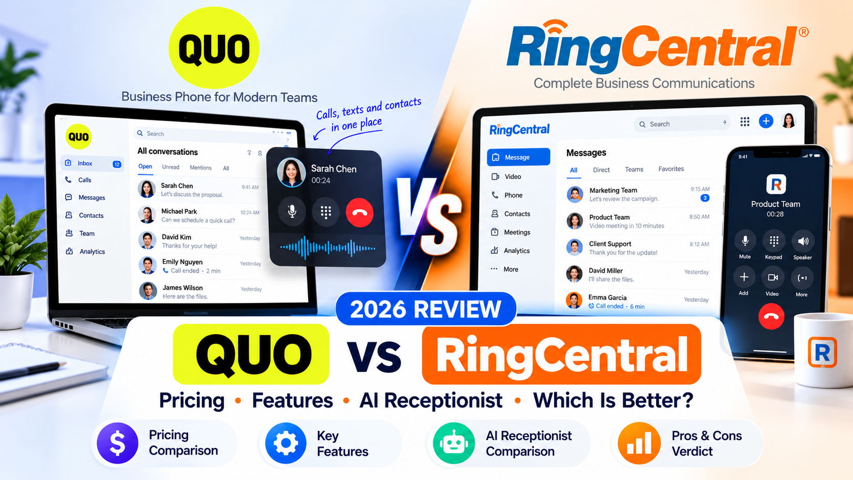 Quo vs RingCentral (2026): Pricing, Features, AI Receptionist & Which Business Phone System Is Better?