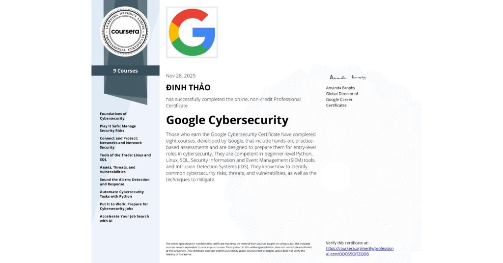 Google Cybersecurity Certificate – Dinh Thi Bich Thao
