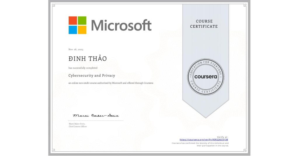Microsoft Cybersecurity and Privacy Certificate – Dinh Thi Bich Thao